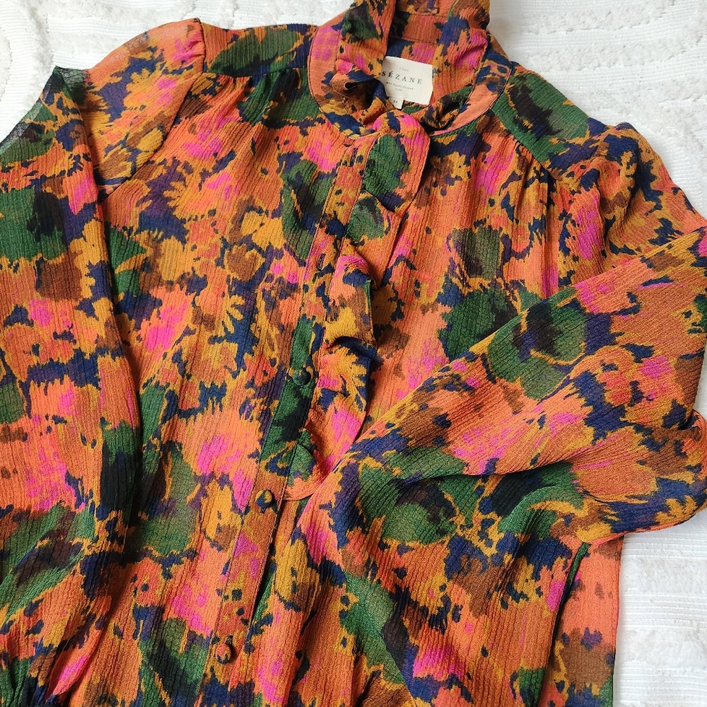 Sezane Floral Print Ruffled Blouse in Orange & Pink
